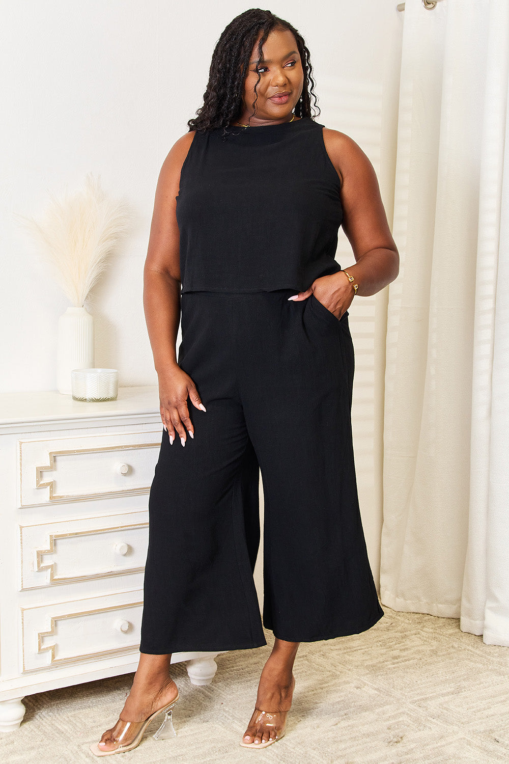 Devine Buttoned Round Neck Tank and Wide Leg Pants Set