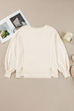 Slit Waffle-Knit Round Neck Long Sleeve Top