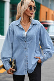 Collared Neck Lantern Sleeve Denim Top