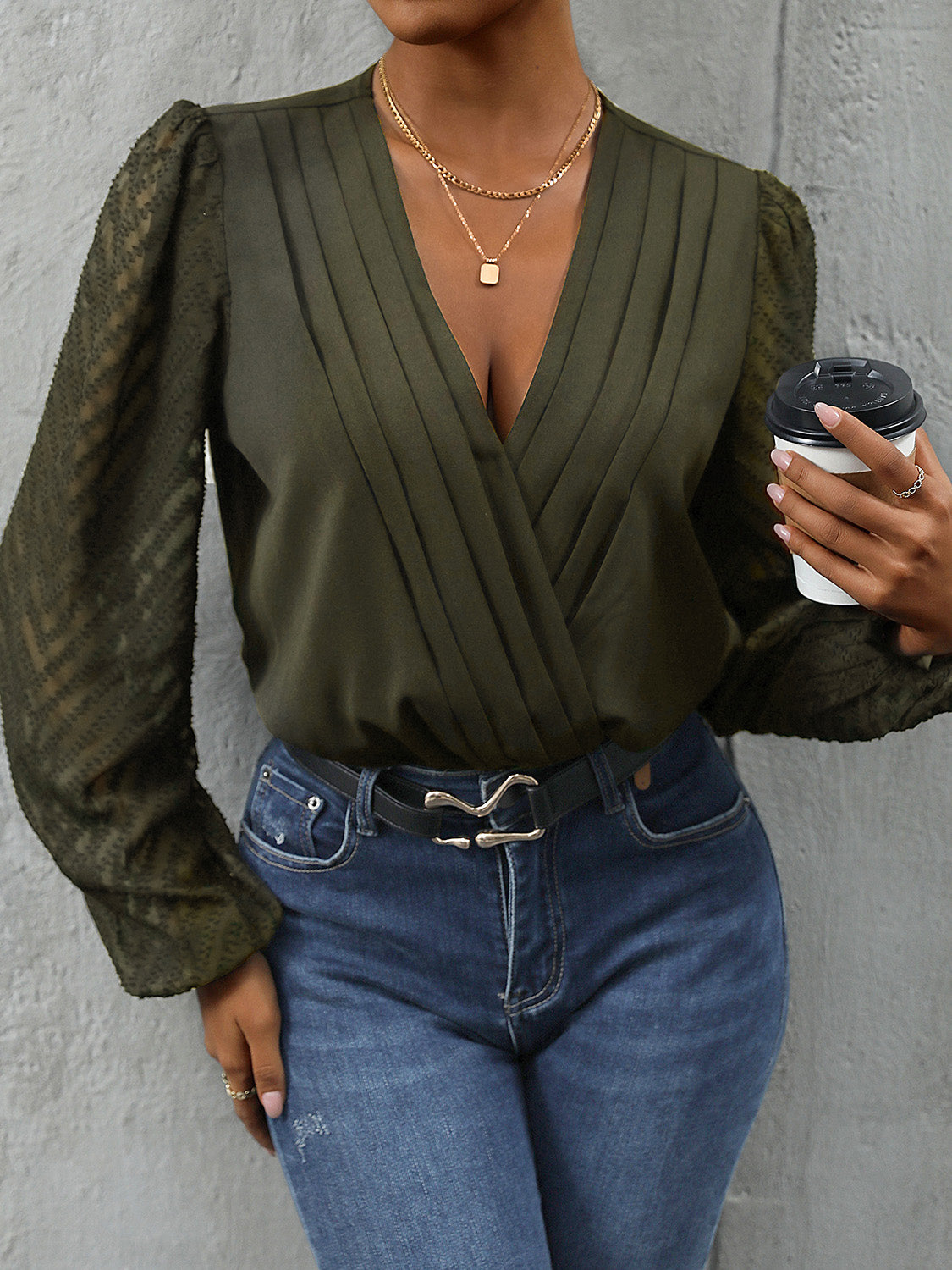 Perfee Ruched Surplice Long Sleeve Bodysuit