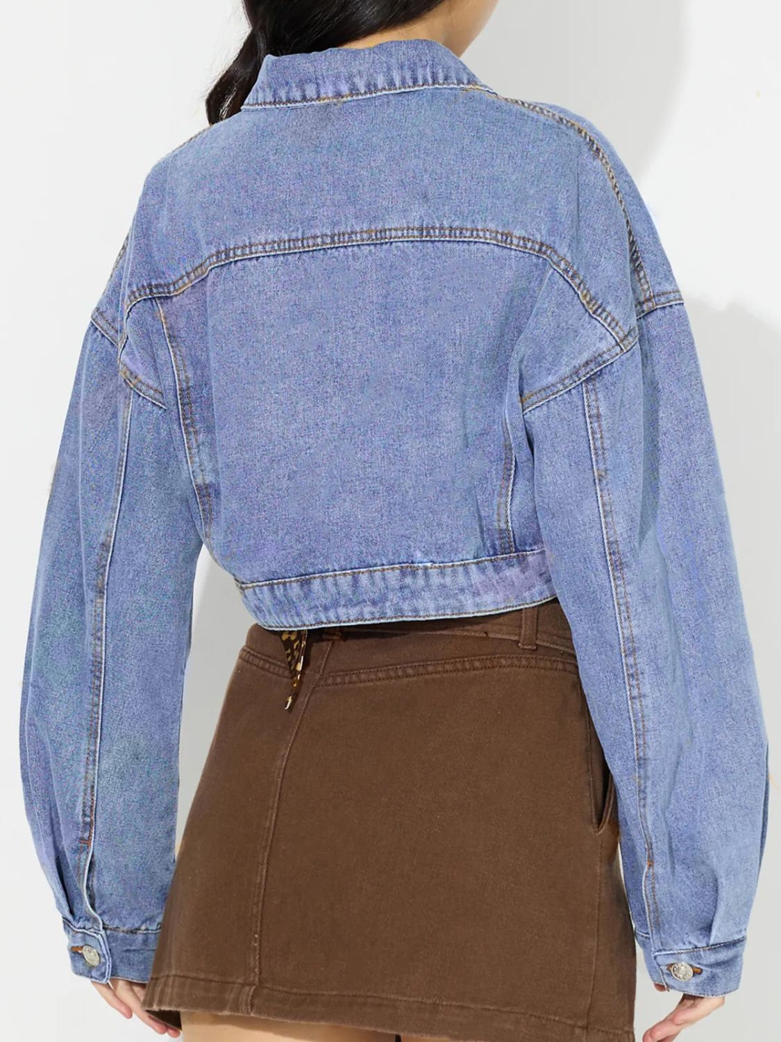 Collared Neck Dropped Shoulder Cropped Denim Top