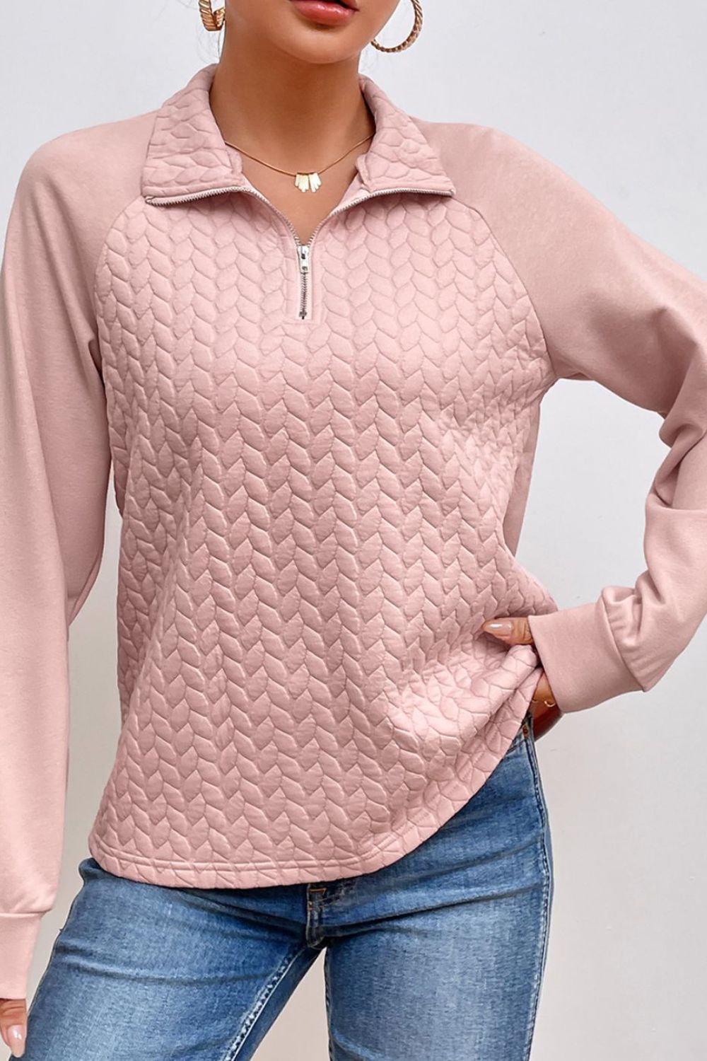 Textured Quarter Zip Long Sleeve Sweatshirt