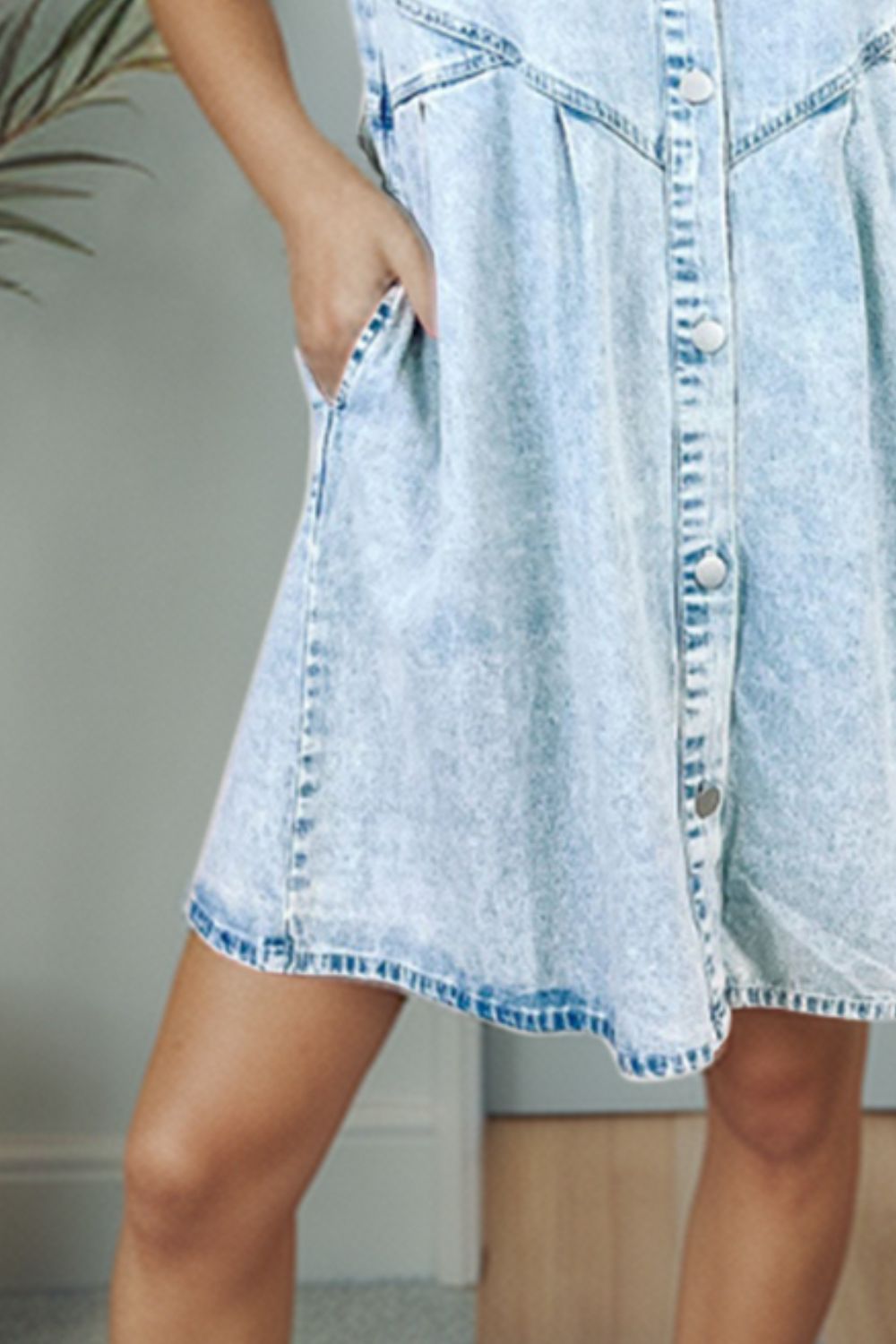 Button Up Flounce Sleeve Denim Dress