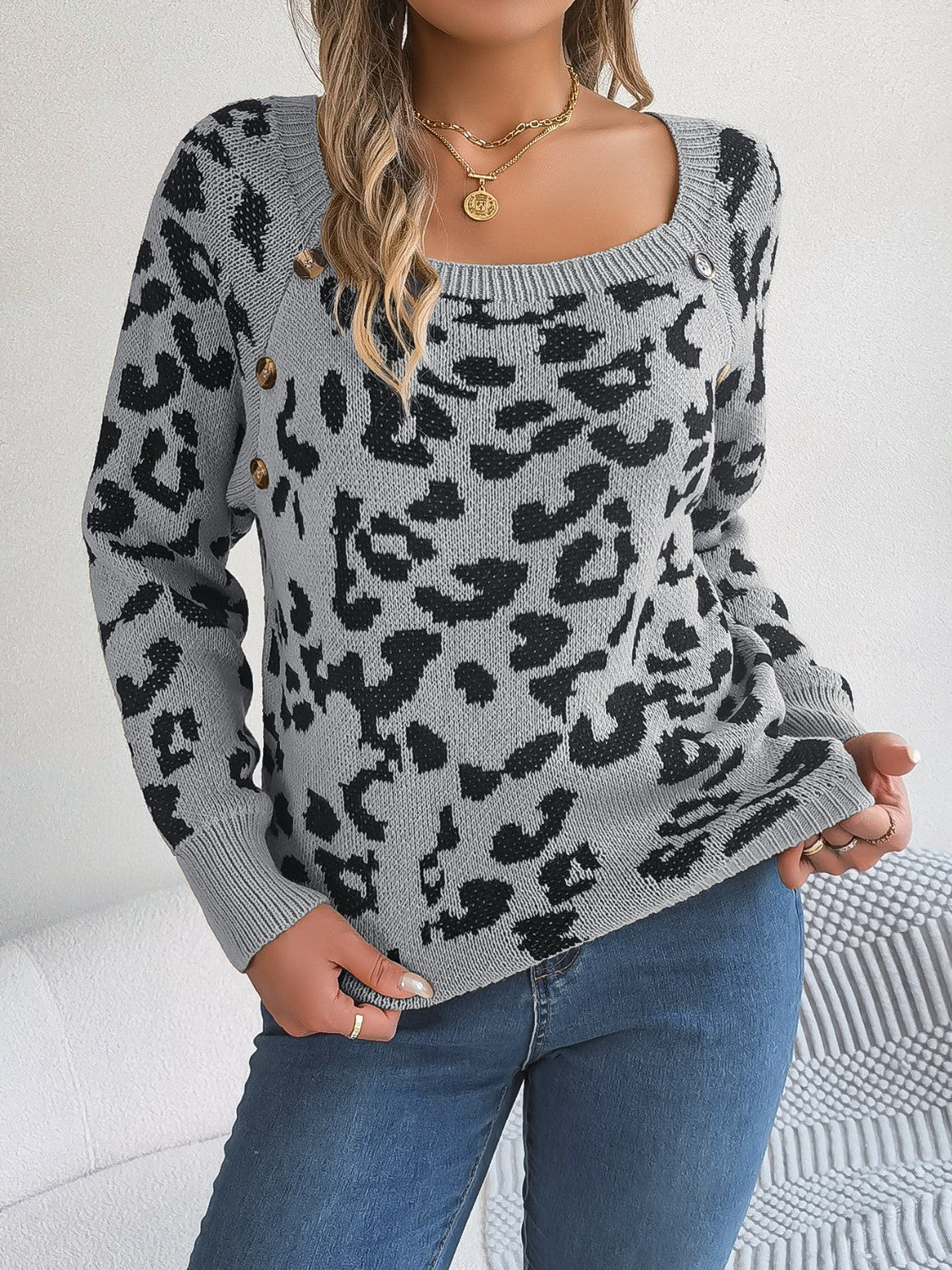 Leopard Buttoned Square Neck Sweater