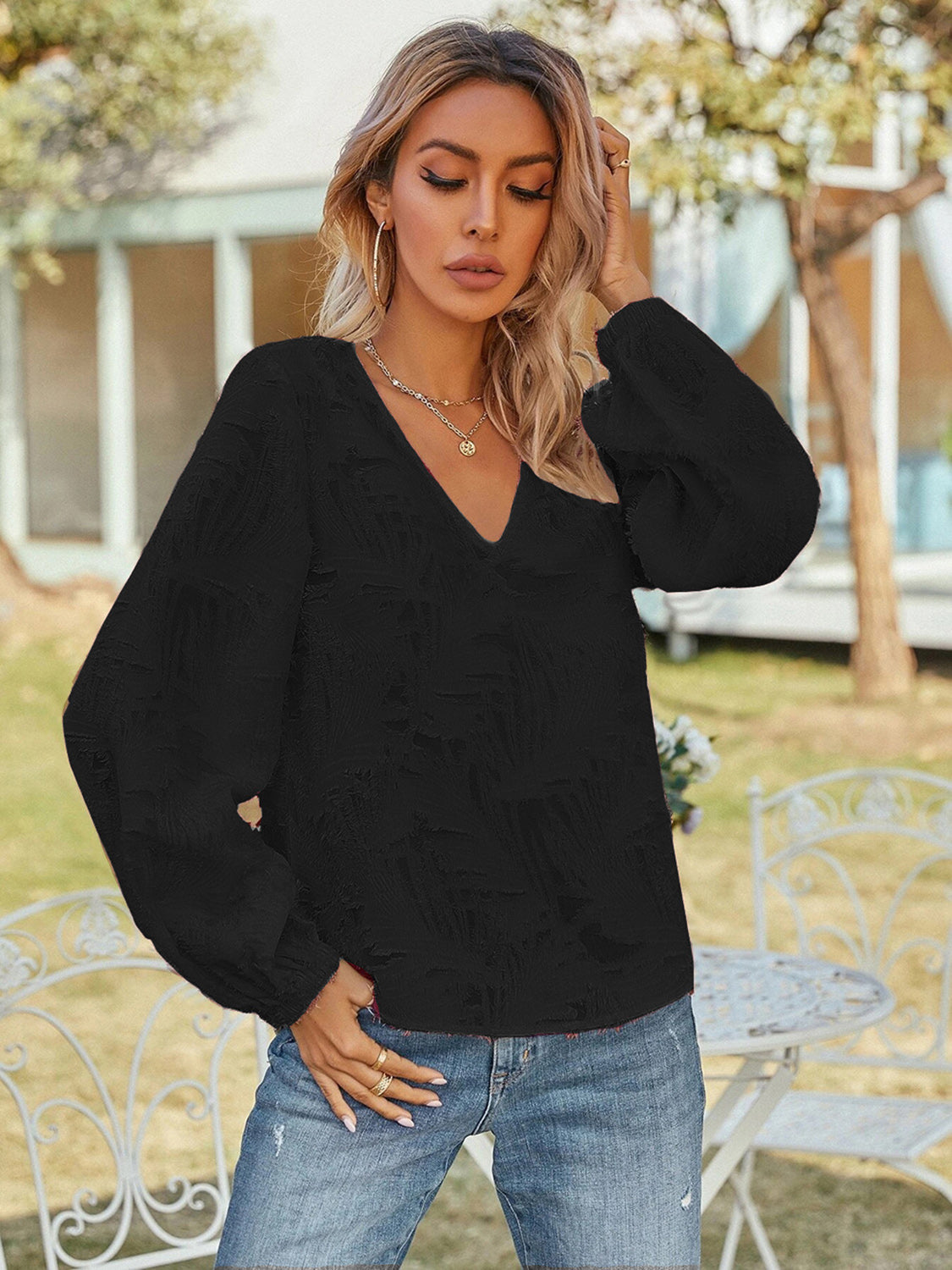 V-Neck Long Sleeve Blouse