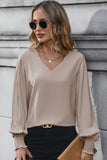 Perfee Pleated Lantern Sleeve V-Neck Blouse