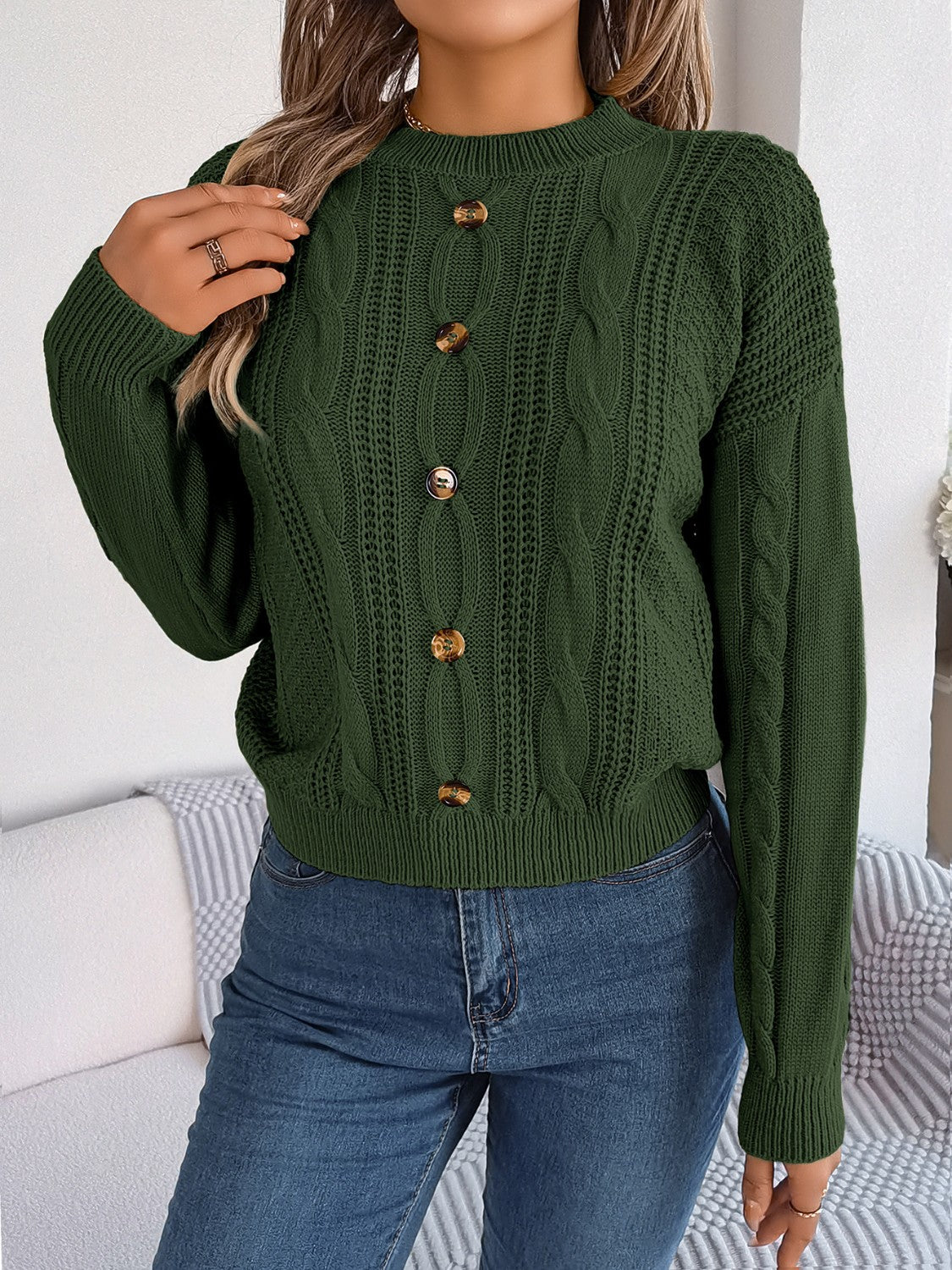 Cable-Knit Buttoned Round Neck Sweater